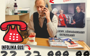 Plakat z numerem telefonu na infolinię GUS oraz adres oficjalnej strony spisu